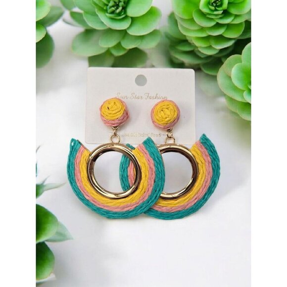 New Pink GREEN Yellow Rainbow Rope Boho Earrings Summertime Fashion Jewelry - Picture 1 of 2